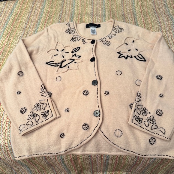 Jones New York Boiled Wool Blush Pink Cardigan Blk Buttons Blk Clear Beads Sz XL - Picture 15 of 15